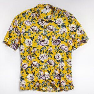 Wandering Rose Rayon Short Sleeve Button-Down Shirt Mustard Yellow Purple Small